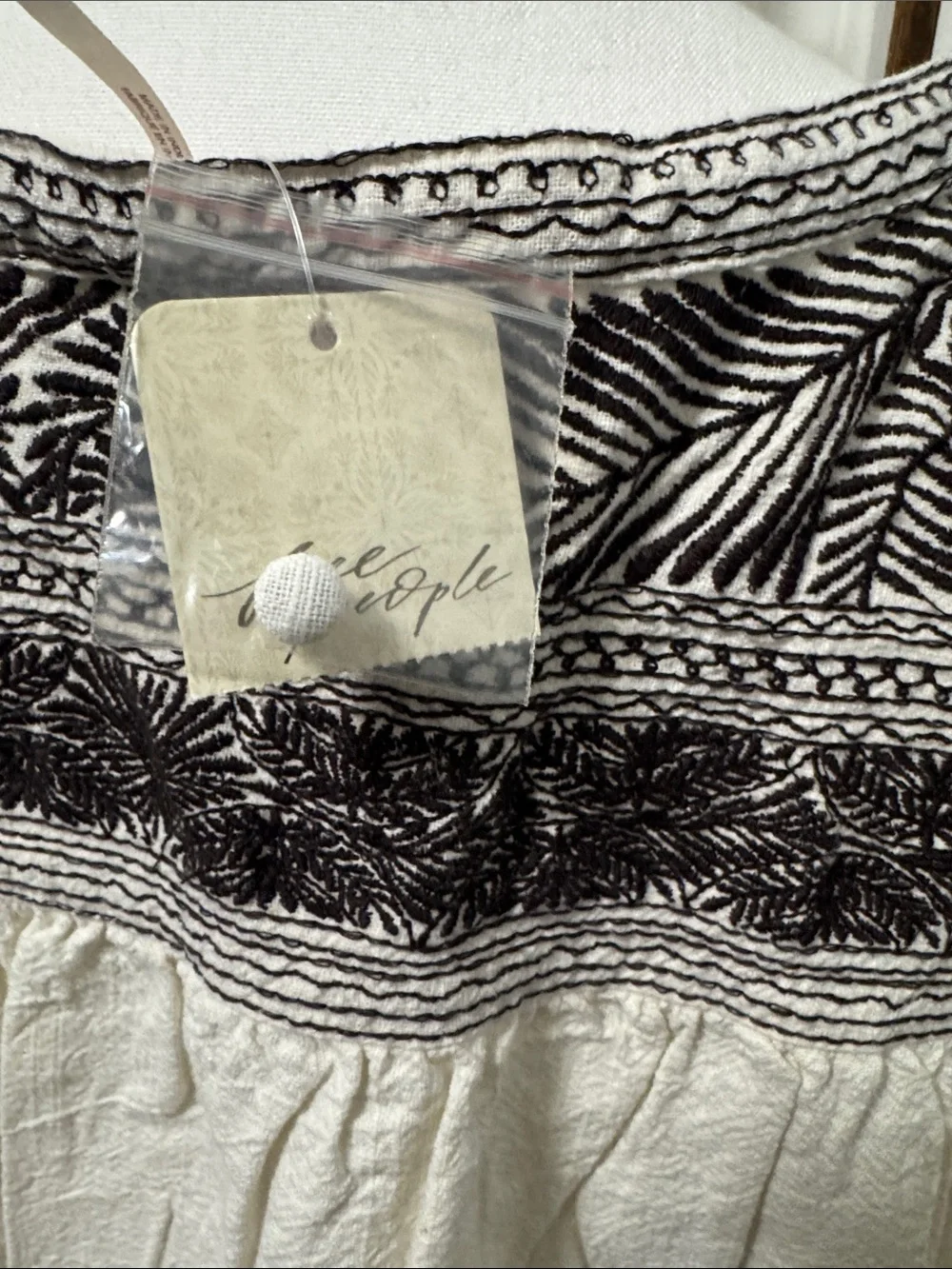 Free People Cream Peasant Blouse with Black Embroidery